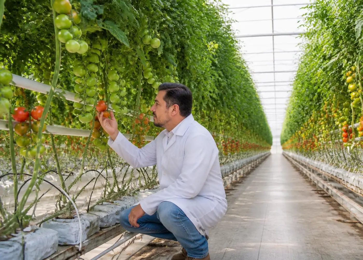Agronomist inspecting high-density tomato vines in a protected-cultivation greenhouse