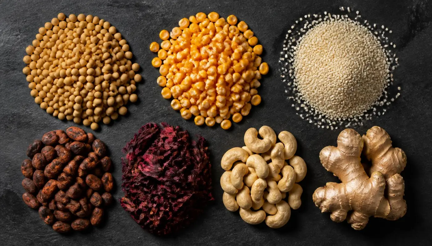 Studio arrangement of sesame seeds, cocoa beans, cashew nuts, hibiscus and soybeans
