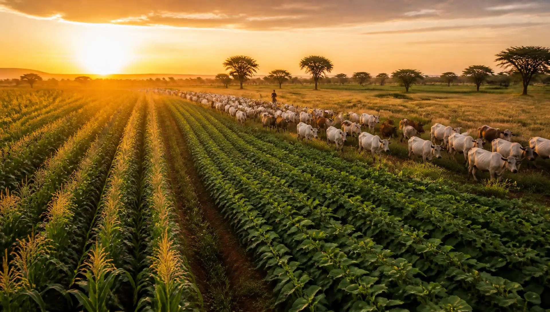 Rows of maize and soybean crops at sunset with a herd of cattle grazing along the field edge in West Africa